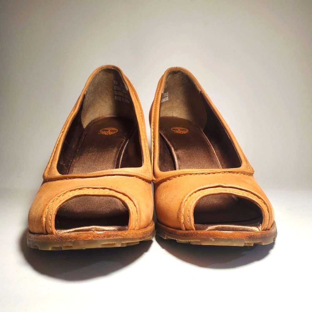 TIMBERLAND Tan Open-toe Stacked Wedge Heels Rubber Sole Leather Upper 7M - NWT - Picture 4 of 16